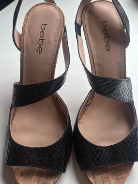 bebe Black Textured Strap Heeled Sandals